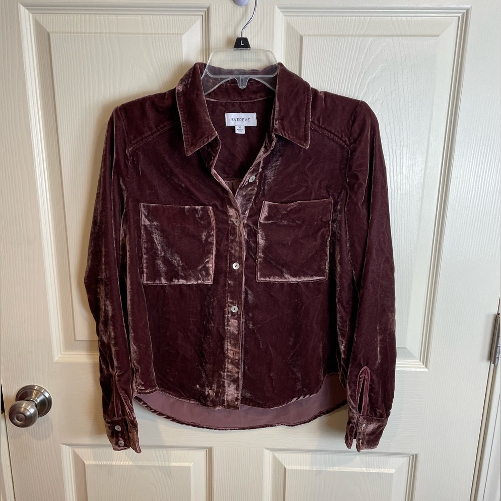 Evereve Eloise Velvet Button-Up Shirt - Brown XS - Picture 10 of 11